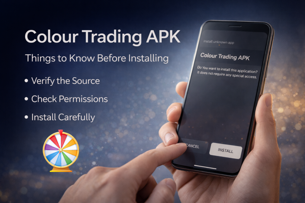 Screenshot-style illustration of the Colour Trading APK interface highlighting features, installation steps, and key observations to consider before installing the app.