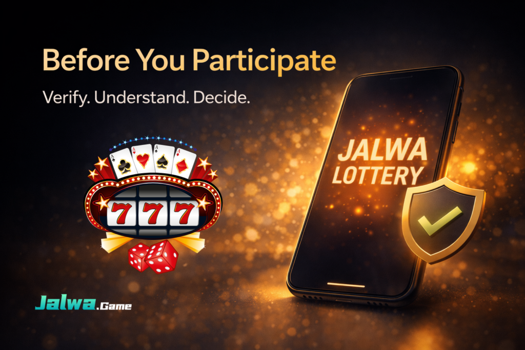 Illustration showing the Jalwa Lottery concept with digital tickets, prize amounts, and step-by-step process explaining what Jalwa Lottery is, how it works, and key things users should know.