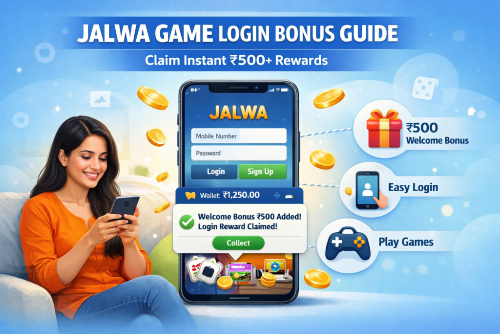 Jalwa Game Login Bonus Guide – Claim ₹500+ rewards after Jalwa Game login, showing mobile screen with bonus offer, coins, and winning game interface.