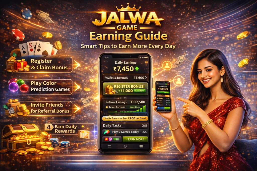 Jalwa Game Earning Guide banner showing smart daily earning tips, winning strategies, bonus methods, and gameplay guidance to help users earn more on Jalwa Game every day.