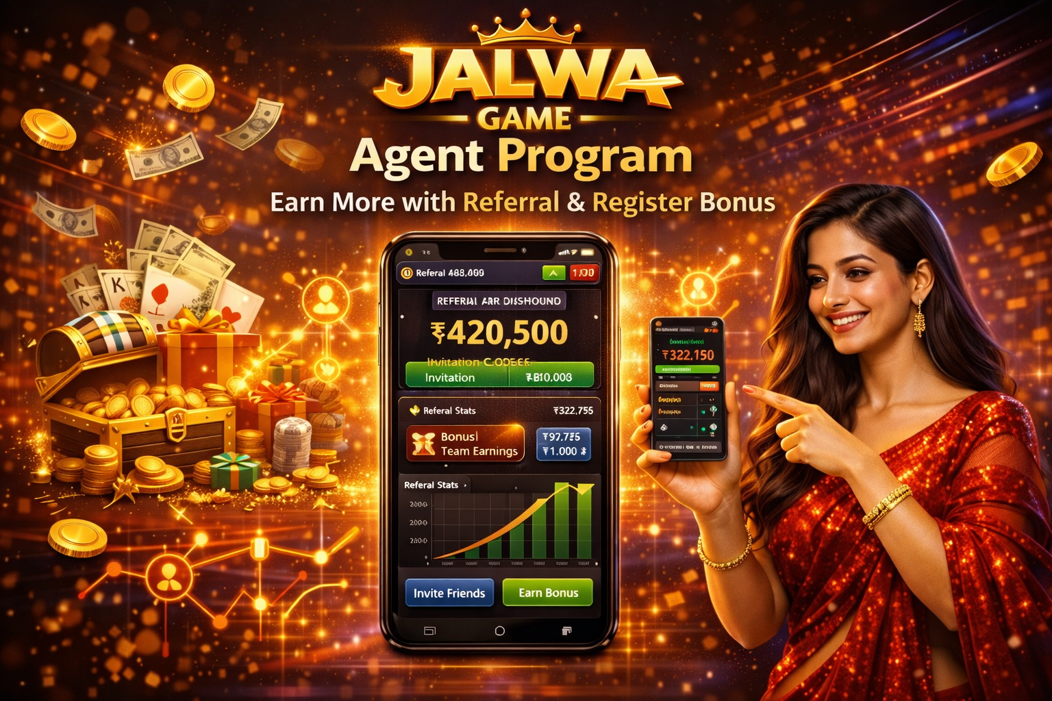 Jalwa Game Agent Program banner showing referral and register bonus earning opportunities for users joining Jalwa Game platform.