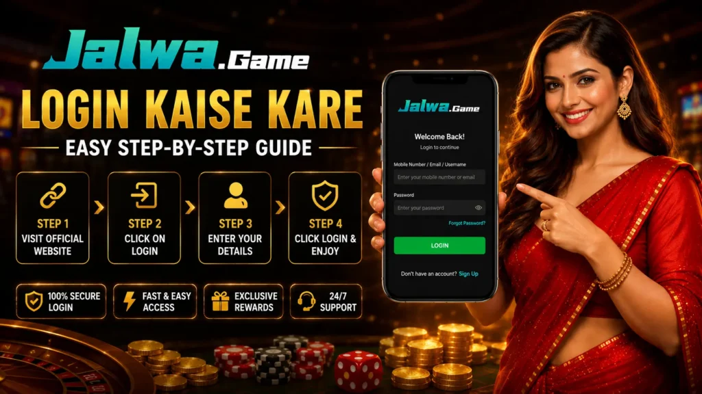 Jalwa Game Login step-by-step guide showing mobile login screen, user account access, password entry, and online gaming dashboard on smartphone.