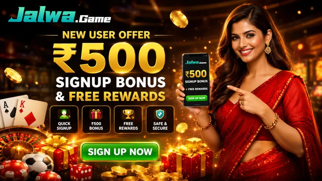 Jalwa Game new user offer banner showing ₹500 signup bonus, free rewards, mobile gaming interface, and invitation code 44415102595 for instant registration bonus.
