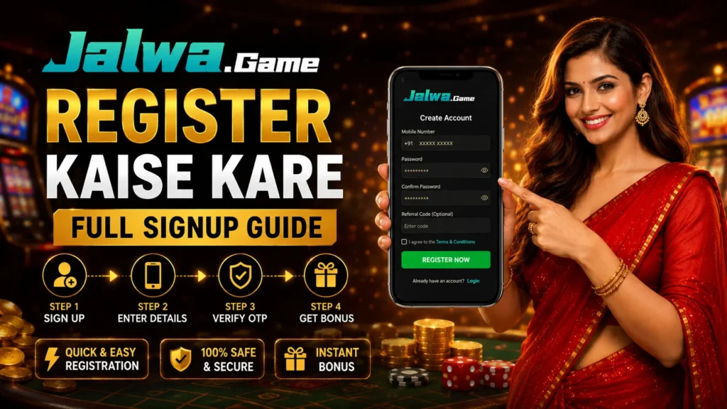 Jalwa Game registration guide showing signup process, mobile login screen, and ₹500 welcome bonus with invitation code 44415102595.