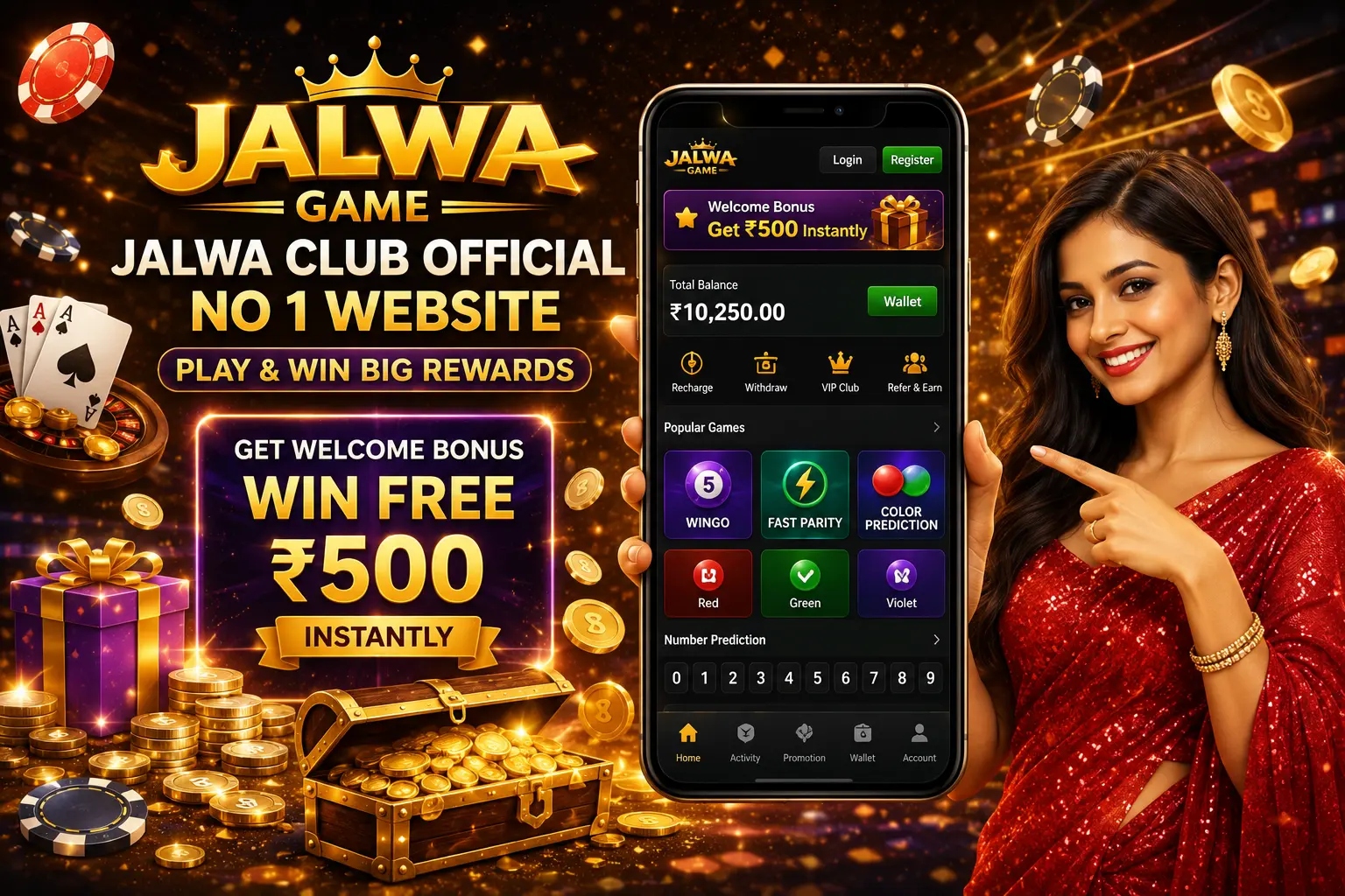Jalwa Club Official No 1 Website banner featuring an exciting online gaming platform with players enjoying prediction games, big rewards, welcome bonus offers, premium digital interface, and vibrant blue, purple, and gold gaming visuals.